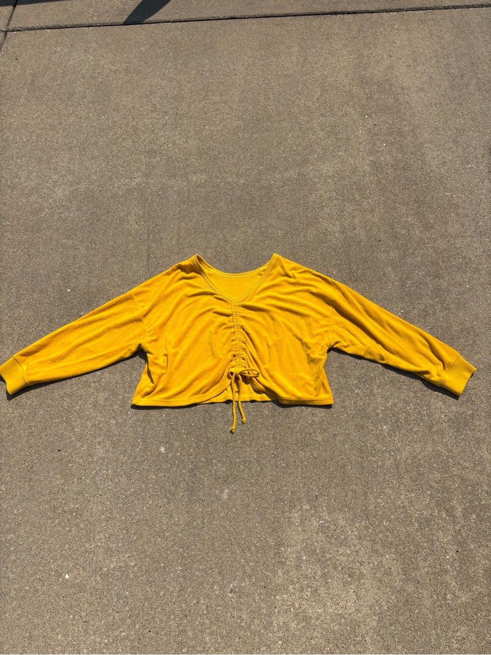aerie Mustard Yellow Ruched Drawstring Cropped Reversible Sweater